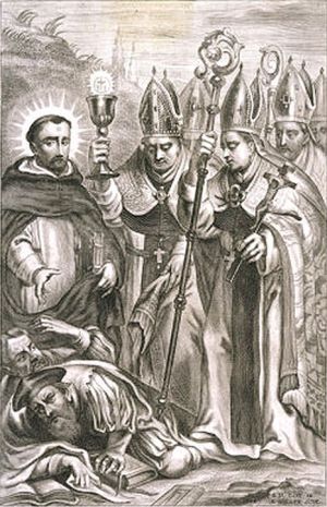 Dominic Guzmán, Arnaud Amaury, et d'autres abbés cisterciens écrasent sous leurs pieds le Cathares impuissants 